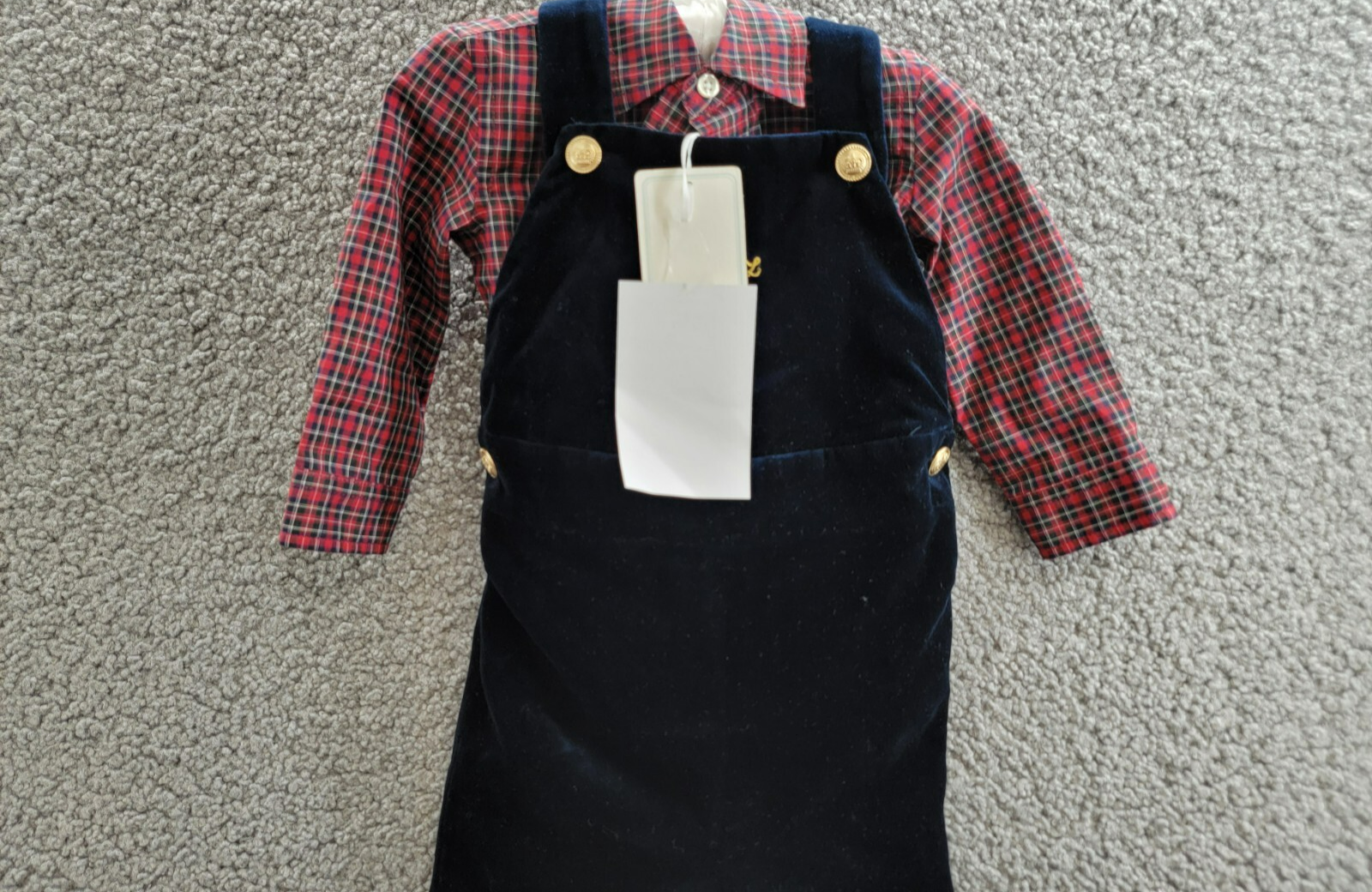 Ralph Lauren Plaid Shirt & Velvet Overall Set Baby Boys' 6M Navy Multi Snap L/S - Picture 3 of 18