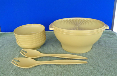 Tupperware 10 piece Harvest Gold Salad Set- Bowl #880-1, Lid, 6 Bowls, 2 Servers