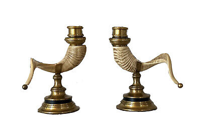 2 Chapman Vtg Hollywood Regency Brass Ram Horn Candle Holders Candlestick Light 