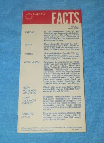 Vintage EXPO 67 Montreal Worlds Fair 1967 Facts Brochure- English/French