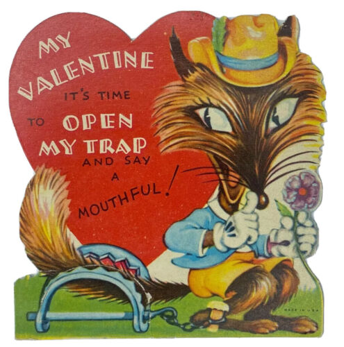 Victorian Valentine Die Cut Greeting Card Anthropomorphic Fox Trapped 