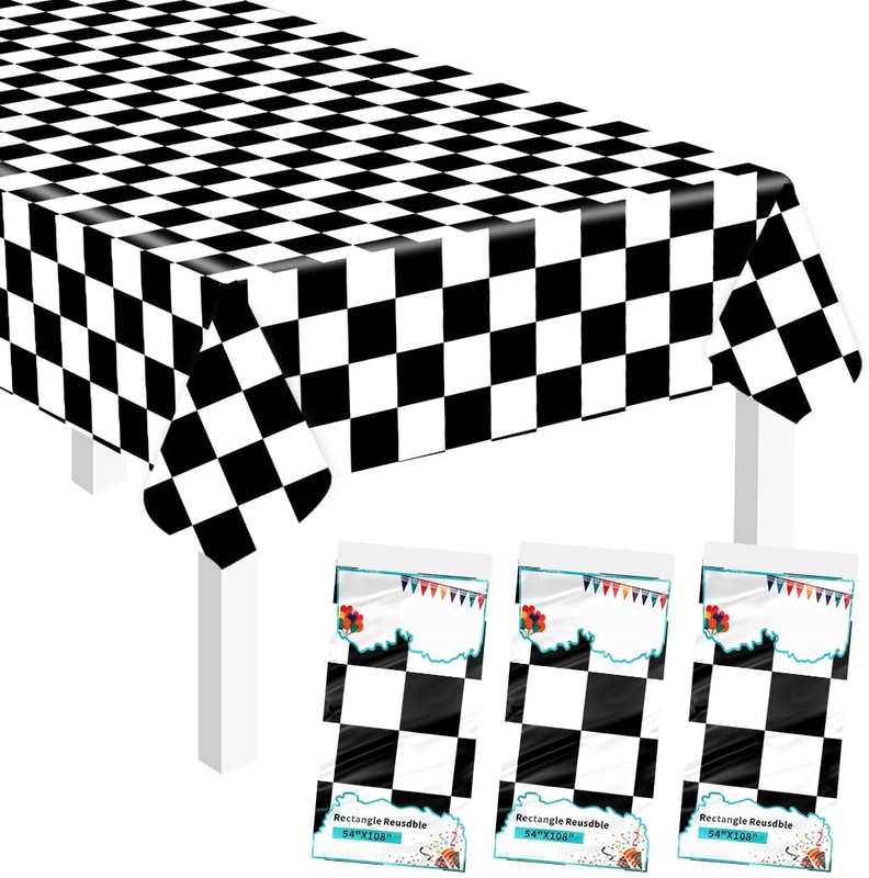 3 Pack Black and White Checkered Tablecloth 54 X 108 Rectangular Plastic Checker