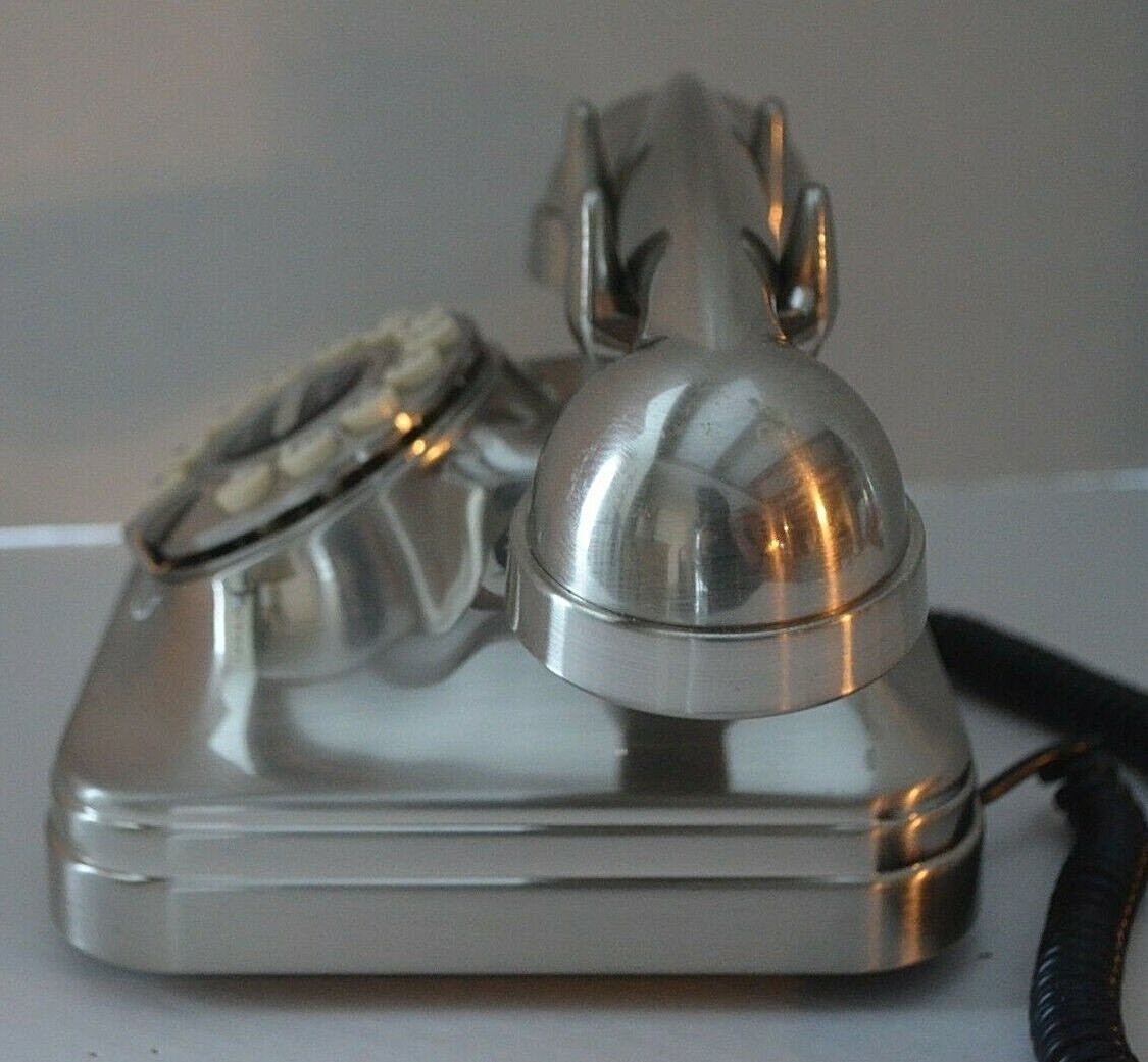 POTTERY BARN Grand Phone-Retro Style-Silver Brushed Metal Look-Push Button-EUC