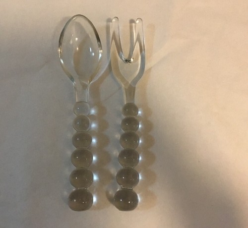 Vintage CLEAR GLASS SALAD SERVING TONGS Stacked Ball Handles