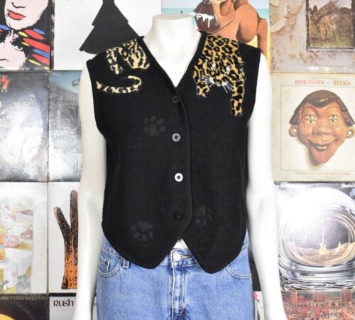 Vintage 90s Lisa International Petite Leopard Vest Boiled Wool Medium Petite