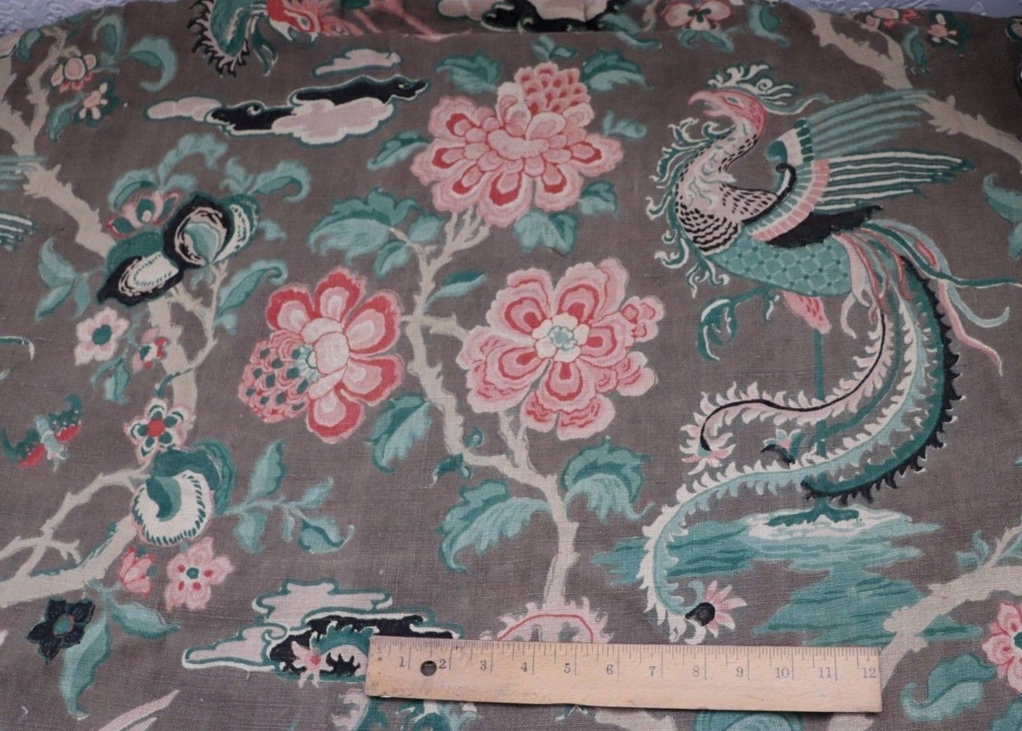 Stunning Vintage c1930-40s Chinoiserie Bird Printed Linen Curtain Panel~82