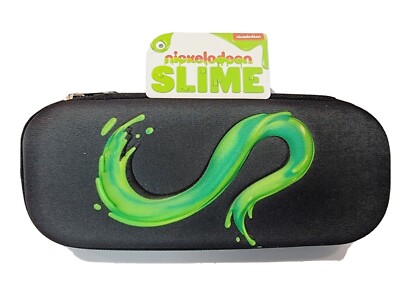 Nickelodeon Black Zipper Pencil Case Soft Structured Raised 3D Green Slime Logo