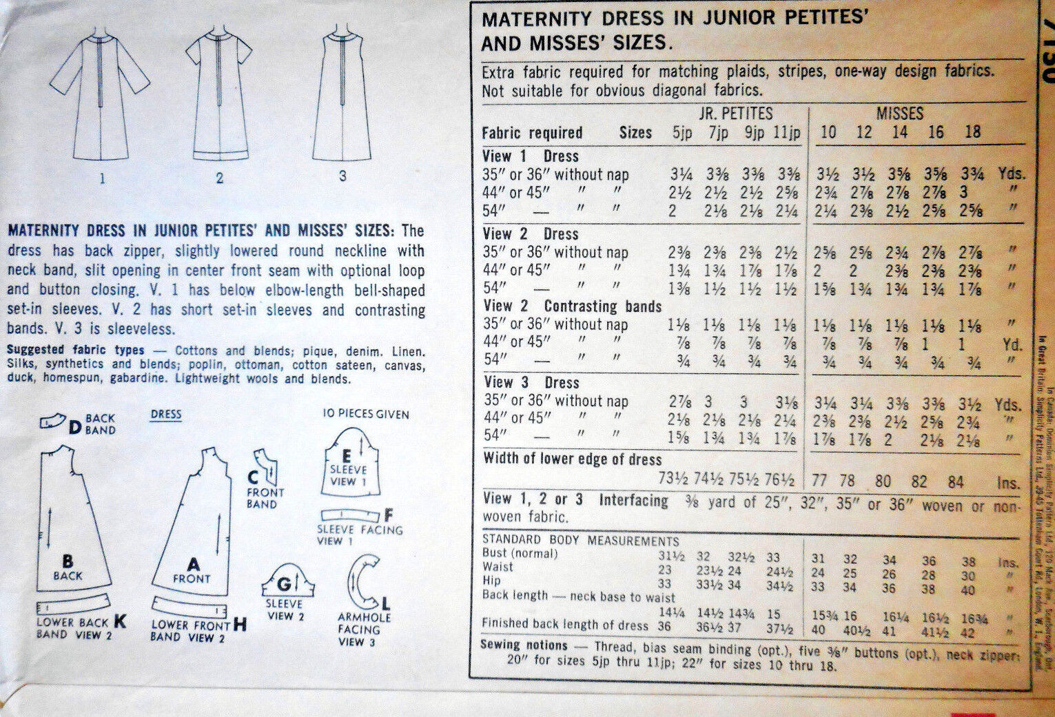 60's Vintage McCalls Pattern 7150 Maternity dress Size 12 Bust 32 flower child