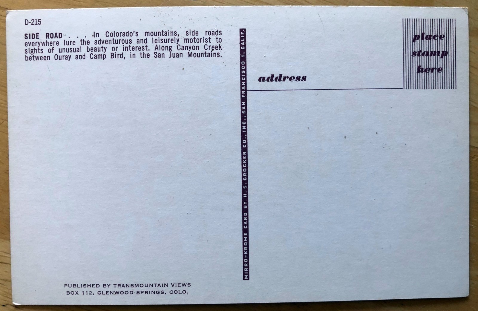 Colorado Side Road - Canyon Greek-Ouray-San Juan Mountains - Vintage Postcard