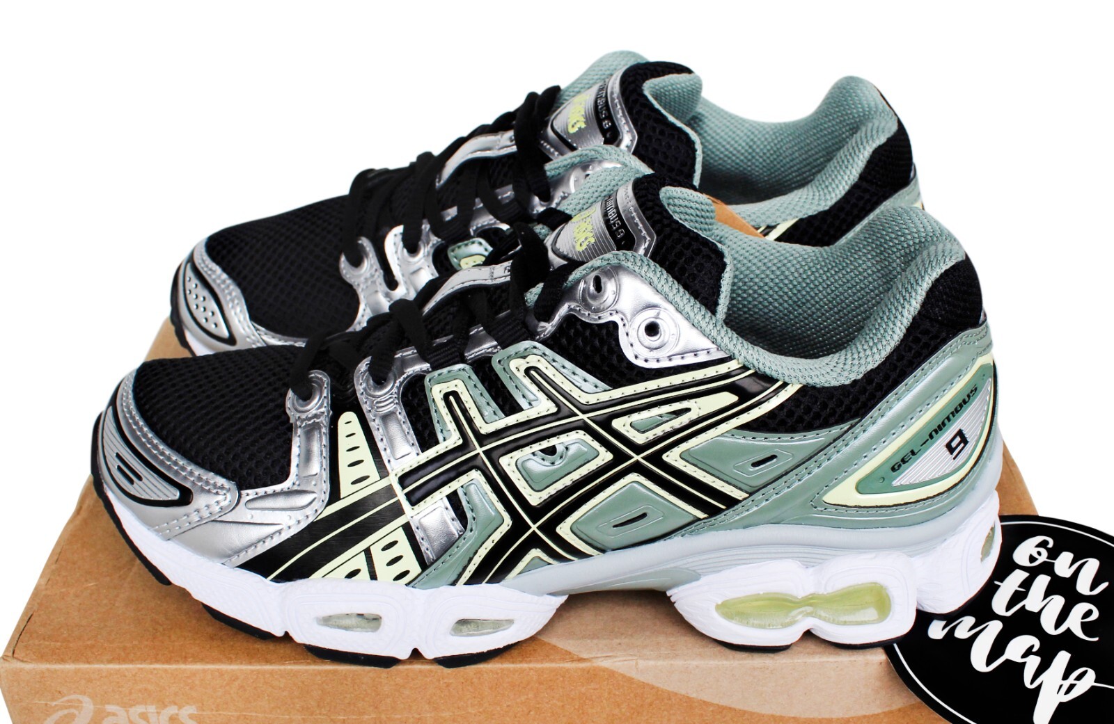 Asics Gel Nimbus 9 Black Green Yellow Metallic Silver UK 4