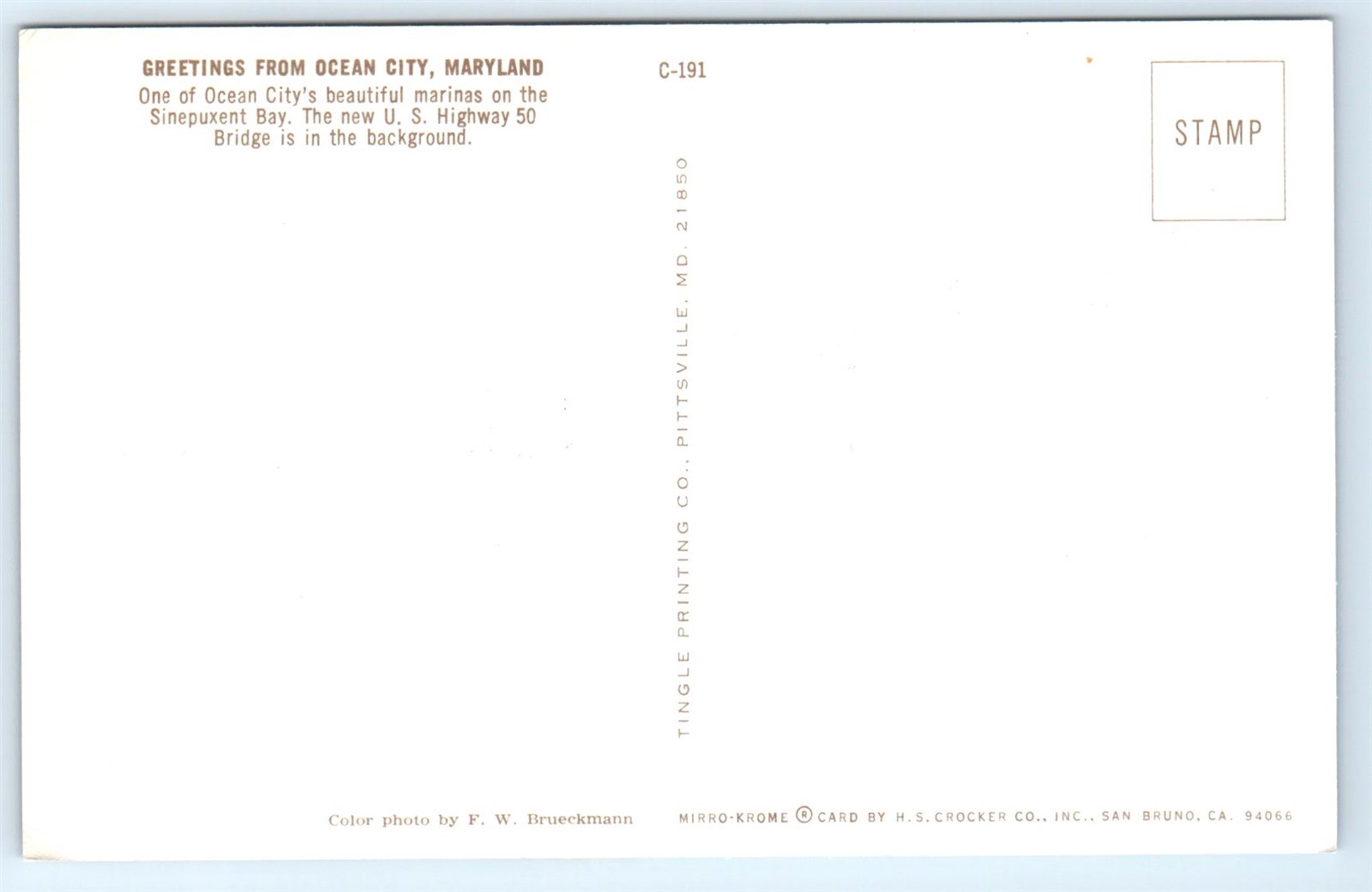 Postcard MD Ocean City Marina Vintage Photo View Sinepuxtent Bay US 50 Bridge D5