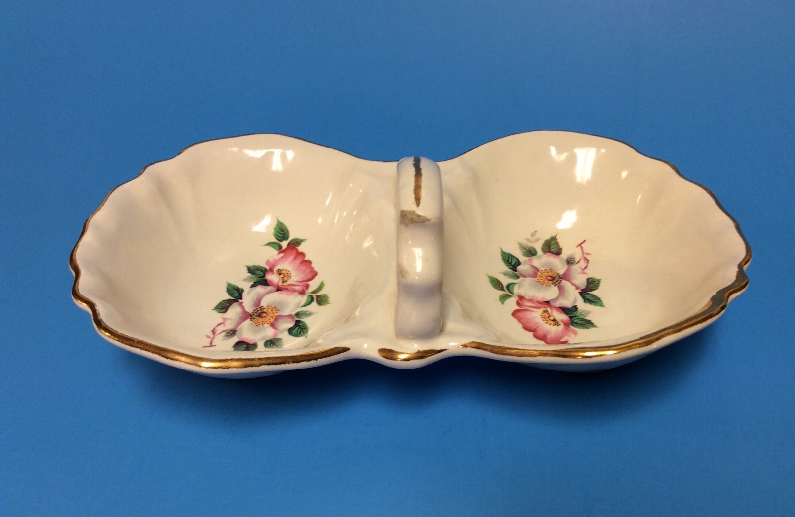 VTG Ceramic Floral Design Double Candy Dish with Handle