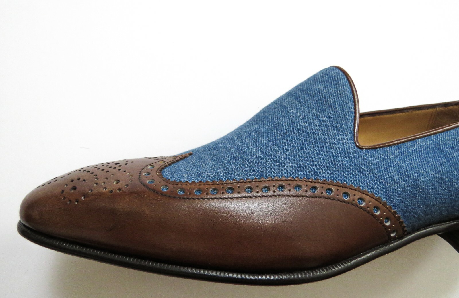 Pre-owned Brioni $1225  Brogue Two Tone Denim Leather Loafers Shoes 9.5 Us 42.5 Euro 8.5 Uk In Multicolor
