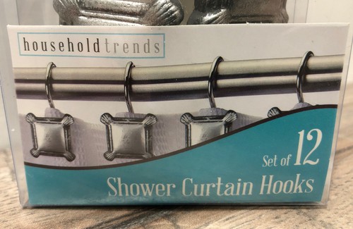 Set Of 12 Silver Square Metal Shower Curtain Hooks Antique Look-Easy To Install