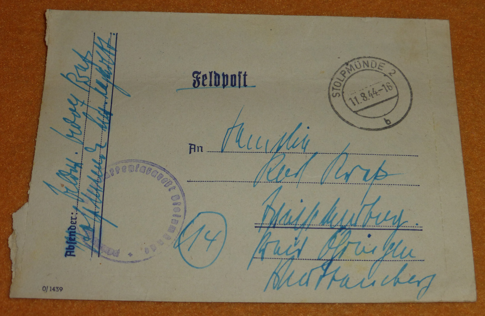 Lazarett Stolpmnde Pommern Feldpost August 1944