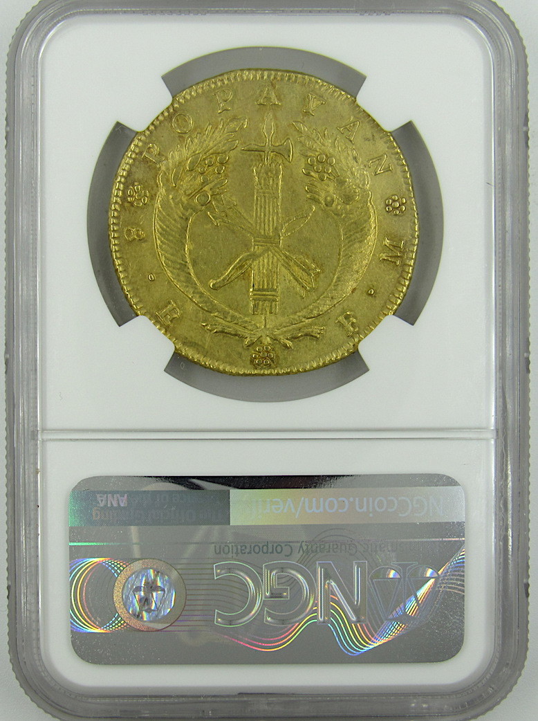 COLOMBIA 1827 FM GOLD 8 ESCUDOS NGC AU55