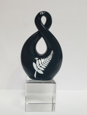 Small Decorative Art Glass Twist Paperweight- Black With Fern