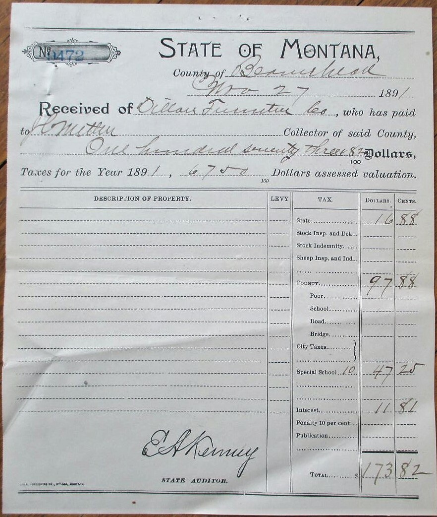 Dillon, MT 1891 Tax Document Beaverhead County, Montana Furniture
