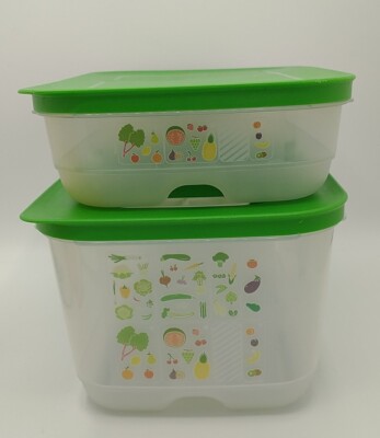 2 Tupperware Fridge Smart Container Set Green Vented Lids 1 Gallon And 1 3/4 Qt