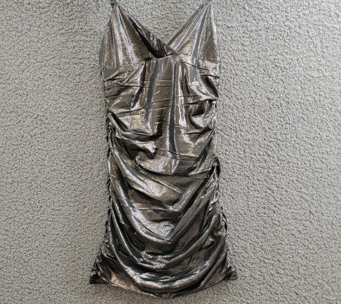 With Jules Metallic Ruched Mini Dress Big Girls XL Black Surplice Neck Back Zip - Picture 2 of 16