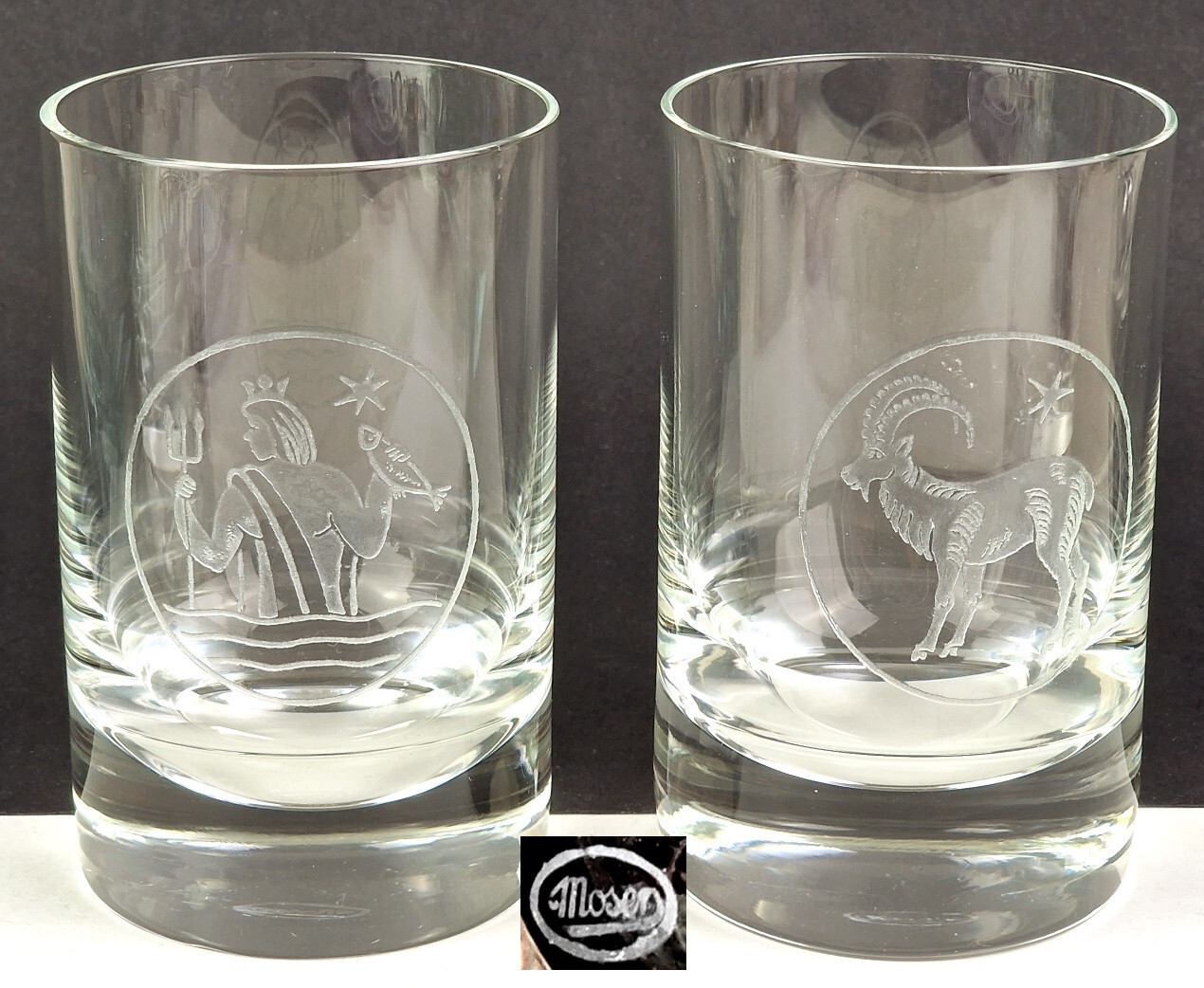 2 Cups Glasses Zodiac CAPRICORN AQUARIUS Moser Karlsbad 60s