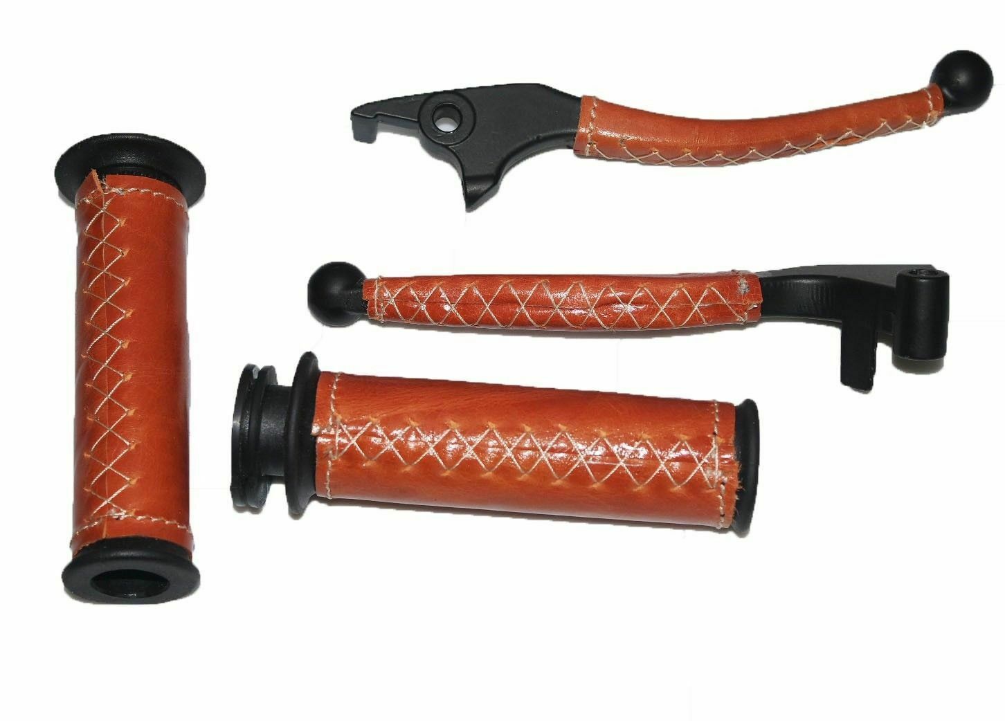 Fits Royal Enfield Tan Leather Covered 7/8" Handlebar Grip & Lever Set 