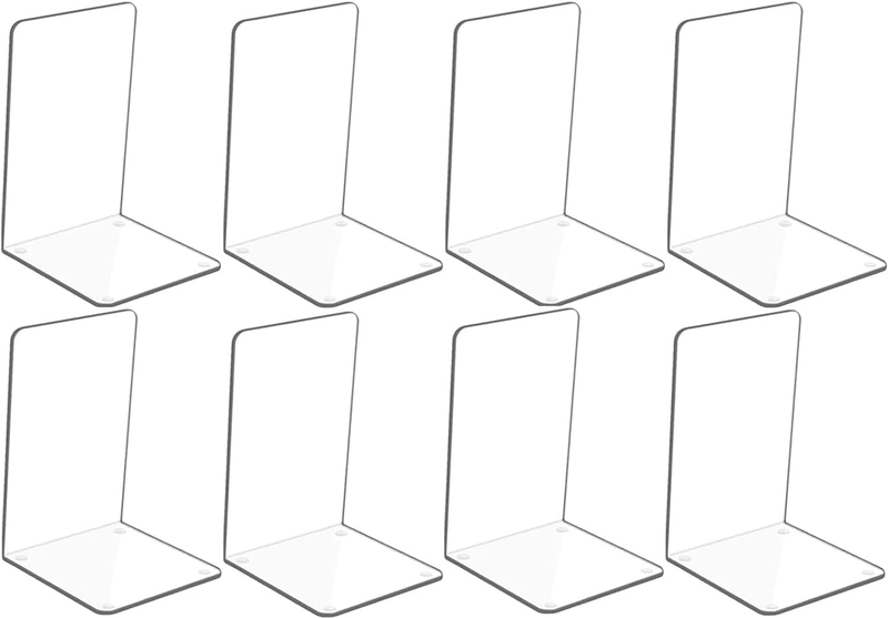 8PCS Clear Acrylic Bookends with Non-Slip Stickers, Plastic Bookends for Bedroom
