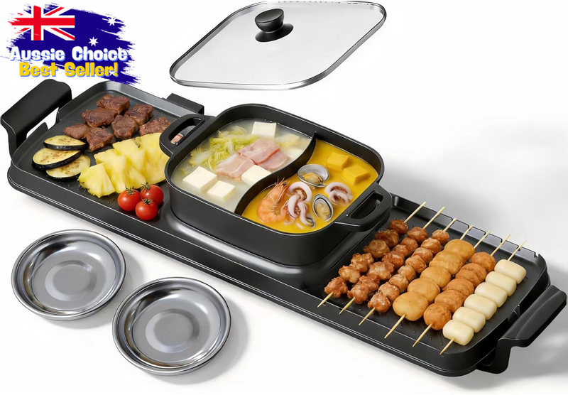 Smokeless Electric Hot Pot Grill Combo 72x26cm Indoor BBQ Non-Stick Easy Clean
