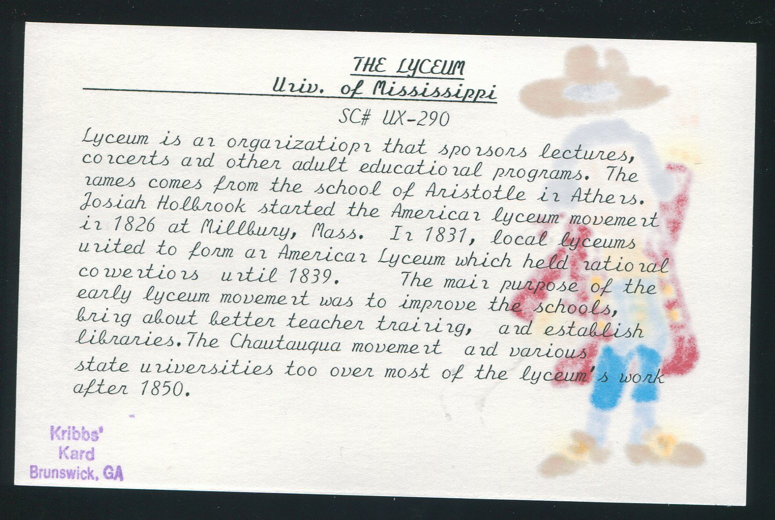 #UX290 Univ of Mississippi Postal Card FDC Kribbs Hand Painted Cachet  FD6563