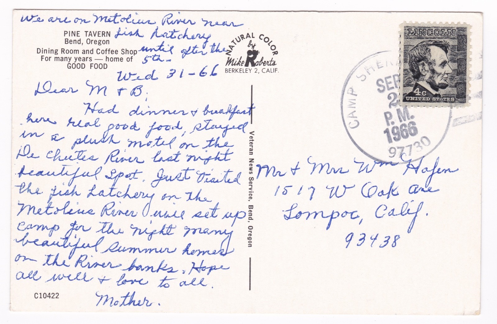 Postcard Pine Tavern Restaurant Coffee Shop Bend Oregon A5