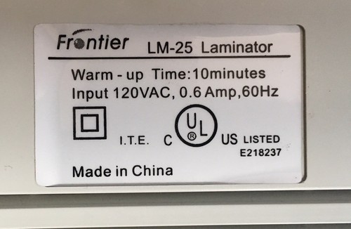 Frontier LM-25 Professional Laminator PSX-4531V w/Manual & 4 Laminating Sheets