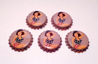 Sexy Bomber USA Girl Bottle Cap Set of (5) Vintage Airplane Nose Art Crafts Flag