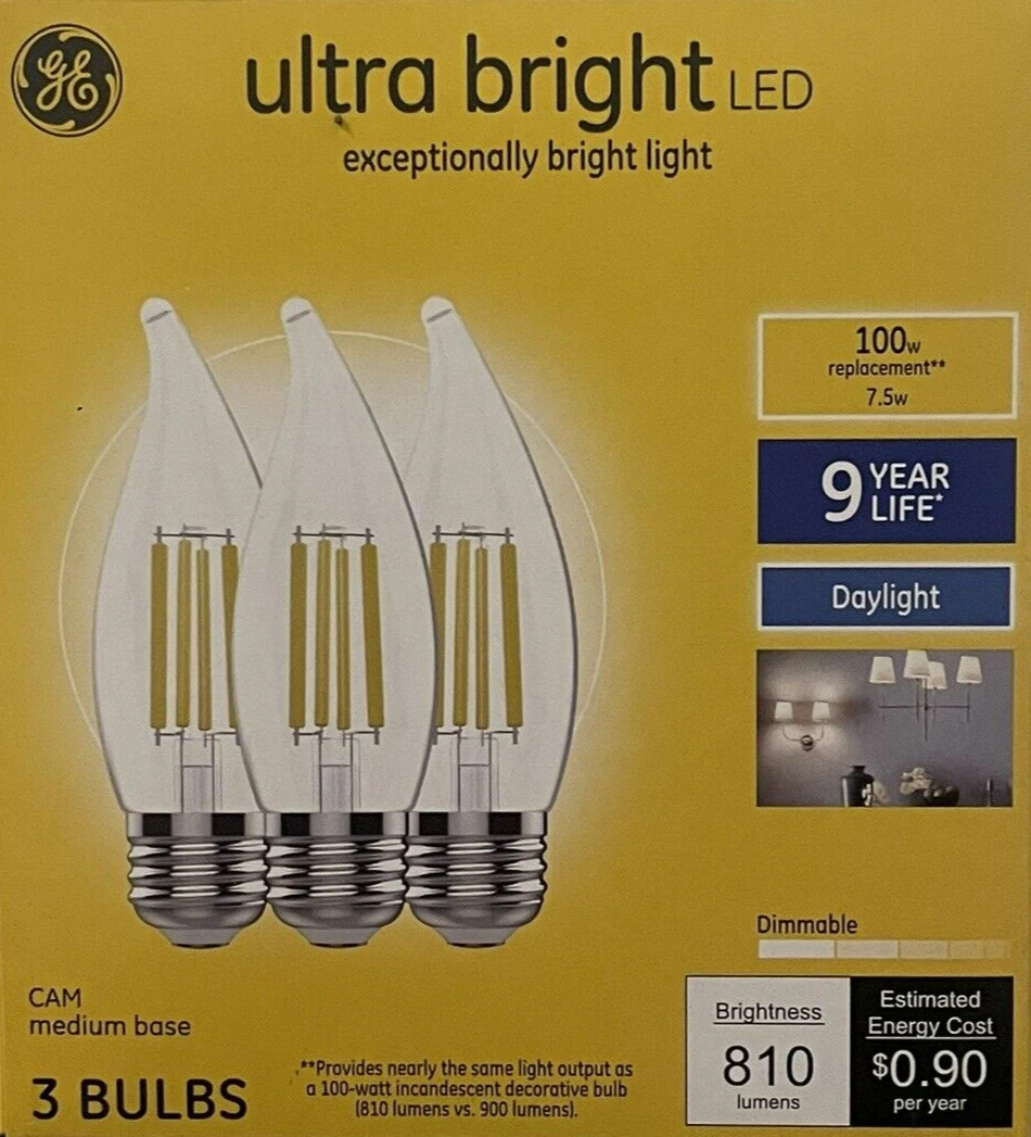 3 GE 100-Watt Clear Ultra Bright Daylight Flame Tip LED Bulbs w/ Medium Base