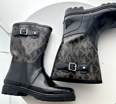 Michael Kors Signature MK Logo Rain Boots Mid Calf Brown Black