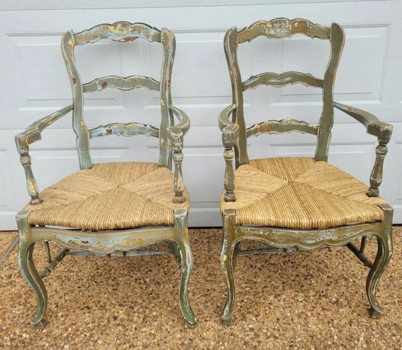 French Country Farmhouse Ladderback Dining Rush Seat Chairs Arm Chairs 2 Avl