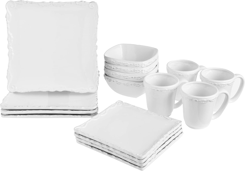 Square Dinnerware Sets | White Kitchen Plates, Bowls, and Mugs | 16 Piece Bianca