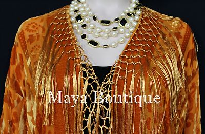 Pre-owned Maya Matazaro Orange Kimono Silk Burnout Velvet Fringe Jacket Short  Made In Usa
