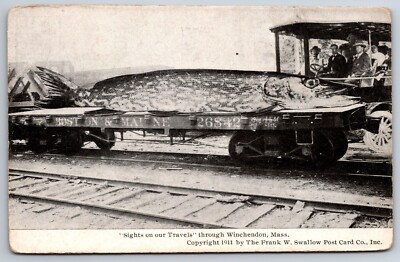 ''Sights on Our Travels'' in Winchendon MA~Exaggerated Fish On Train Flatbed~c1911