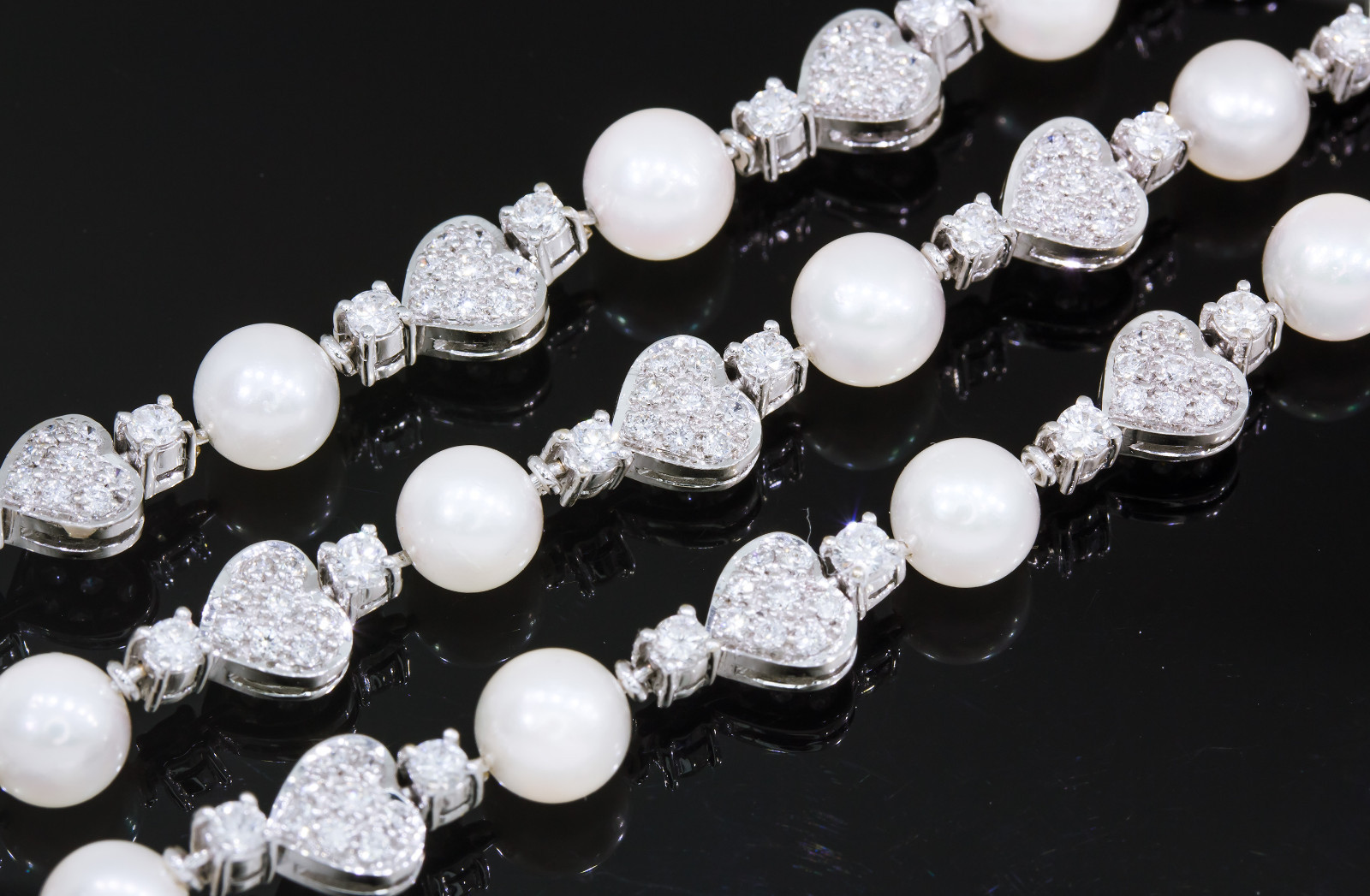 6 ct Diamond and Akoya Pearl Triple Strand Tennis Bracelet 18k White Gold Estate