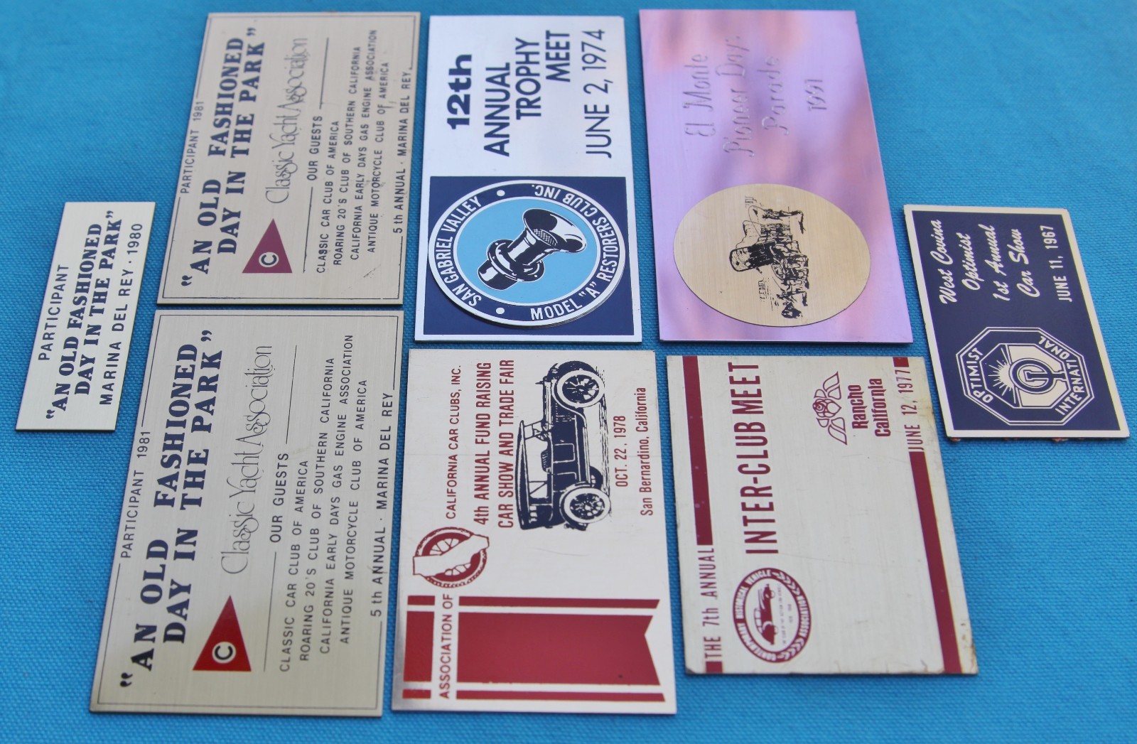 (8) HISTORICAL VEHICLE CALIFORNIA CAR CLUB SHOW PLAQUES 60's 70's 80's MODEL A
