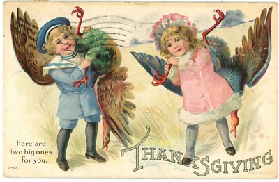 Here Are Two Big Ones For You, Thanksgiving Kids Carrying Big Turkeys Postcard