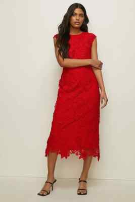 Oasis Lace Short Sleeve Midi Pencil Dress in Red UK 10 RRP £89