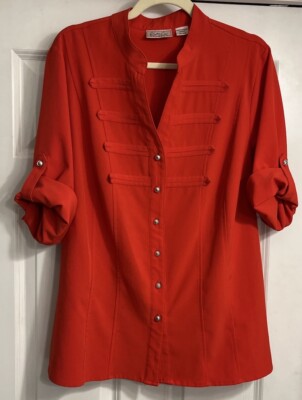 KATHY CHE Women s Blouse 14w 16w Red Tunic Silver Buttons Roll Tab Option