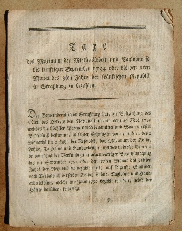 Taxe Des Maximum Der Mieth-Arbeit Und Tagelohne In StraÃBurg 1794!