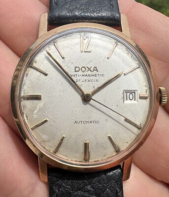 Doxa 14k Yellow Gold Anti-Magnetic Automatic Watch w/ Black Leather Band