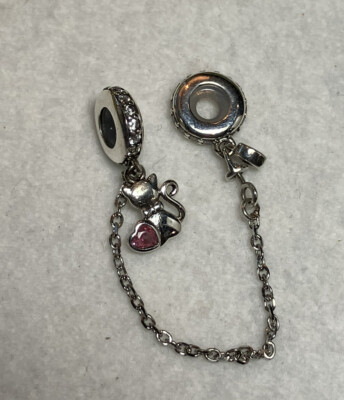 Genuine 925 Silver Cat Love Safety Chain  Slide Charm Z Christmas Gift