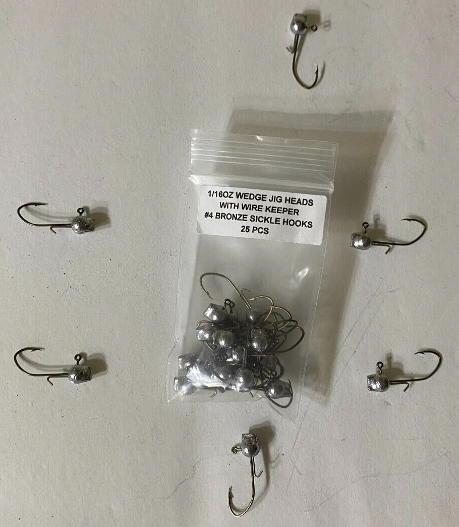 25 unpainted 1/16oz or 1/8 wedge head jigs with wire keeper