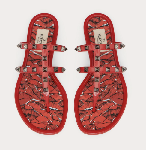 Pre-owned Valentino Garavani Valentino Rockstud Red Black Rubber Lipstick Jelly Pvc Stud Cage Flat Sandal 40