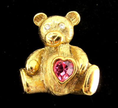Small 1928 Jewelry Co. Teddy Bear w/ Pink Rhinestone Heart Brooch Pin
