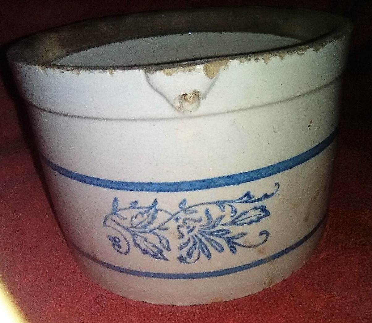 Blue Writing, Blue Stripes & Blue Decoration on Stoneware Butter Crock